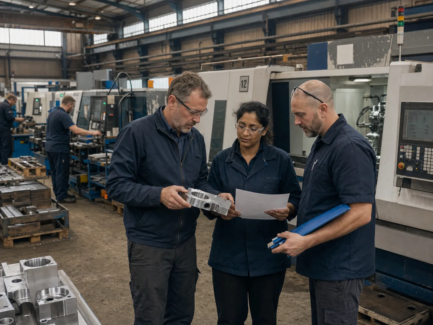 Engineer checking a job on the shop floor of a UK manufacturing firm